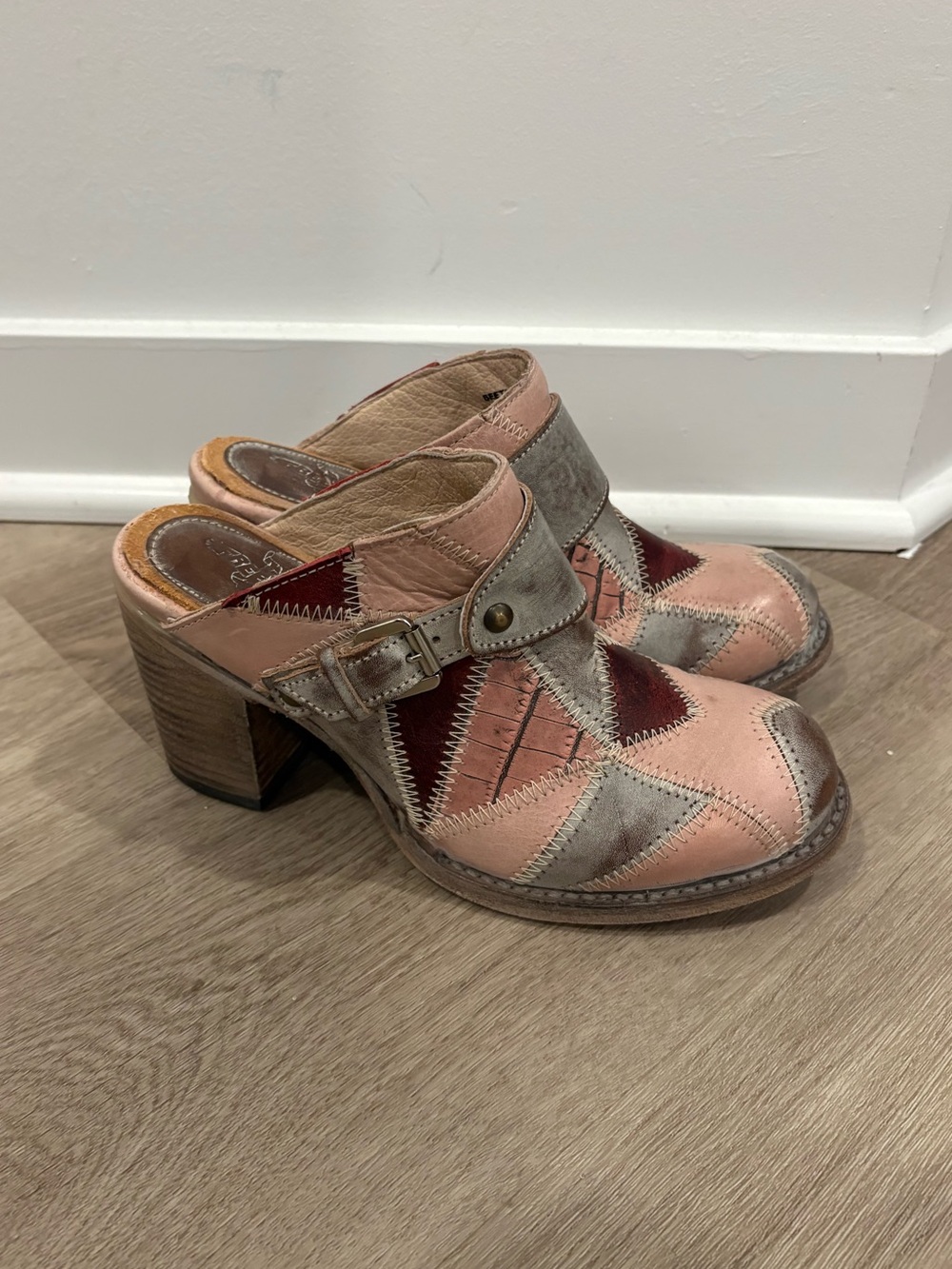 Freebird by Steven Patchwork Leather Mules in Pink, Gray and Burgundy